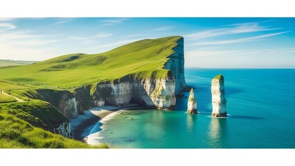 Serene coastal landscape with towering sea stacks and lush green cliffs