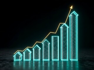 Futuristic 3D Rendered Cyan Neon Glowing Houses Forming Progressive Rising Bar Graph with Yellow Ascending Line Chart Arrow on Dark Background, Symbolizing Booming Real Estate Market Growth