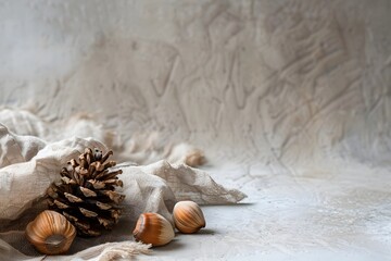 Pinecone and Hazelnut on Neutral Stone Surface with Negative Space