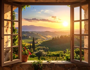 Tuscan countryside view from an open window at sunset. © Galek