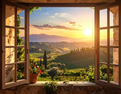 Tuscan countryside view from an open window at sunset.