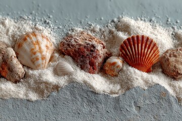 Sand and seashell lawn edge border on white background. Generative AI