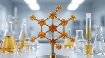 Amber Molecular Model In Laboratory With Glassware And Beakers