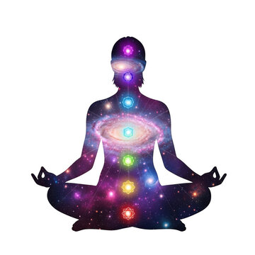 Meditating figure galaxy chakra enlightenment cosmic energy flow transparent background