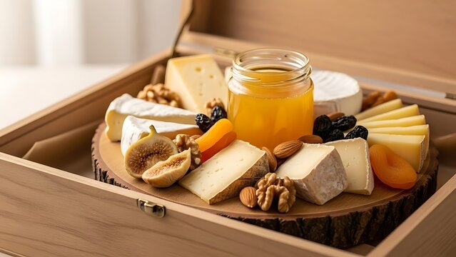 A wooden box filled with an assortment of artisanal cheeses, fresh fruits, and nuts, accompanied by a jar of honey