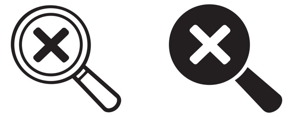 Fototapeta premium Outline and filled magnifying glass icons set featuring a cross symbol for failed search results