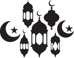 Islamic crescent moons and ornate lanterns in a black silhouette design