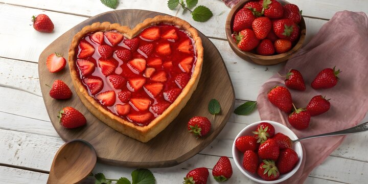 Heart-shaped strawberry tart expressing romance, homemade love, festive baking, and Valentine&rsquo;s Day dessert creativity