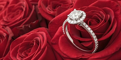 Luxury diamond engagement ring resting on red roses symbolizing proposal, commitment, and romantic elegance