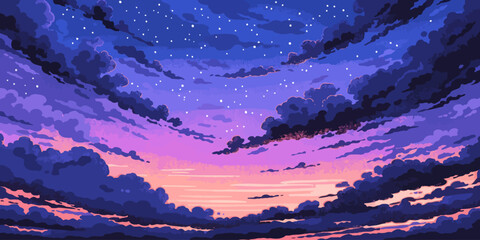 Vibrant starry night sky with colorful purple pink clouds at dramatic sunset twilight atmosphere