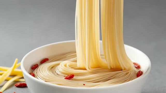 Traditional longevity noodles with goji berries lifted
