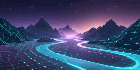 Futuristic neon landscape with glowing grid road mountains and starry purple sky in cyberpunk scene