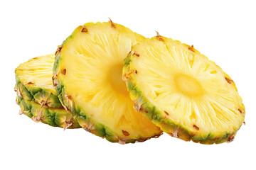 Close-up of three pineapple slices, stacked.  Bright yellow flesh, contrasting with vibrant green husk.  Fresh, ripe, and juicy.  Natural light