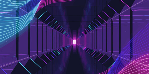 Vibrant neon tunnel with glowing purple pink blue lines in futuristic cyberpunk digital space
