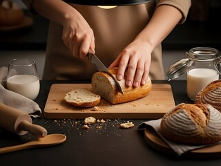 Hands slicing crusty artisan sourdough bread on a rustic wooden board with milk and a rolling pin, captured in warm, soft light, a culinary still life.