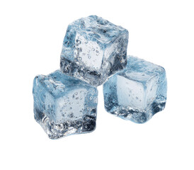 Three clear ice cubes stacked, showing texture and water droplets