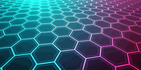 Vibrant neon hexagonal grid with pink blue gradient glowing futuristic technology pattern background