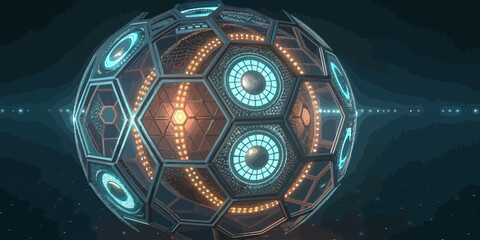 Glowing futuristic sphere with hexagonal pattern and neon lights in cyberpunk technology design