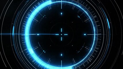 Futuristic interface with glowing blue circles and crosshairs against a dark background. - Powered by Adobe