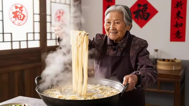 Elderly grandmother cooking longevity noodles in kitchen for Spring Festival
