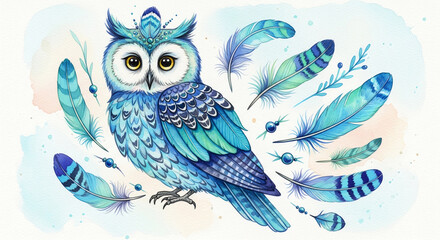 Blue watercolor owl.