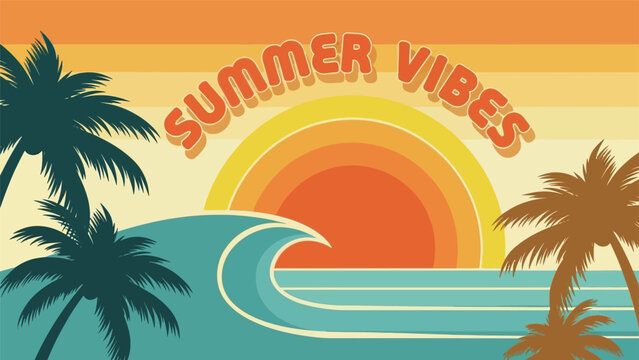 Retro summer vibes illustration with palm trees ocean waves and a vibrant sunset backdrop