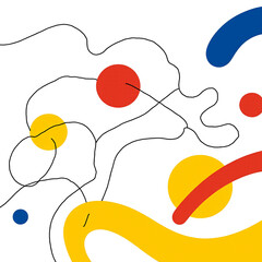 Abstract geometric artwork features a circles, lines, and spirals against a muted lavender background.