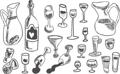 big set of glasses, jugs and bottle in hand drawn style in vector. Element for design advertisement mail posts poster print postcard banner decor backgrounds