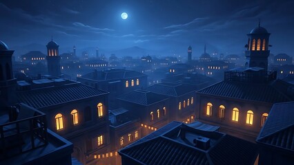 Nighttime Cityscape with Illuminated Rooftops and Bright Full Moon Under Cloudy Sky