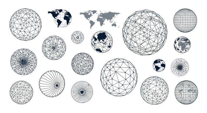 Large collection of wireframe globes and world maps representing global networking technology and data connectivity concepts.