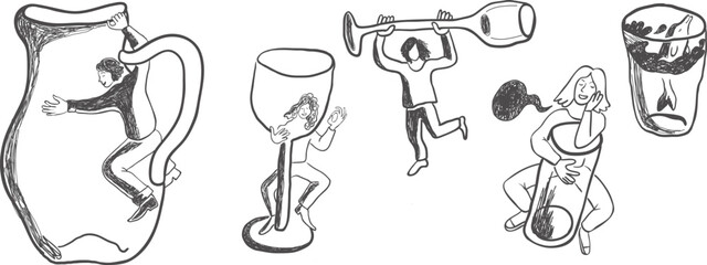 small people and big glasses and jug in hand drawn style in vector. Element for poster sticker design decoration postcards prints