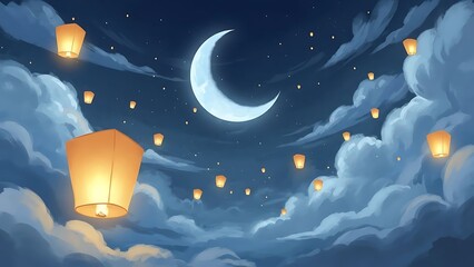 Night Sky with Crescent Moon and Floating Lanterns in Cloudy Sky Artistic Illustration