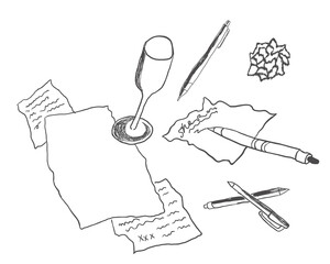 glass, paper and pen in hand drawn style in vector. Element for poster sticker design decoration postcards prints