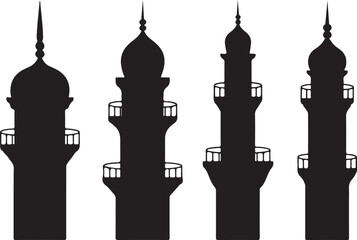Obraz premium Silhouettes of four islamic minarets against a plain white background