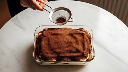 A hand sprinkling cocoa powder over a dessert in a glass baking dish on a marble table