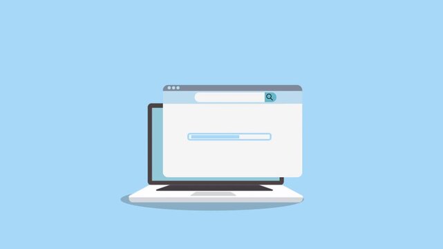 Minimal laptop illustration with a browser-style window and horizontal progress bar, representing web page loading, online processing, or task progress. Clean flat design for UI and technology visuals