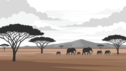 African savanna landscape with acacia trees and a family of elephants walking together