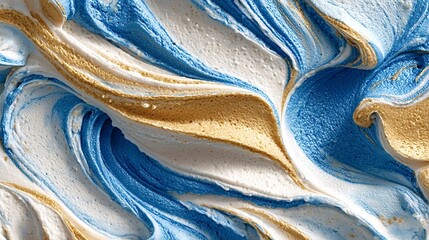 Abstract background presenting a vibrant blend of blue and white colors intricately swirled with shimmering gold, creating a dynamic and luxurious textured pattern