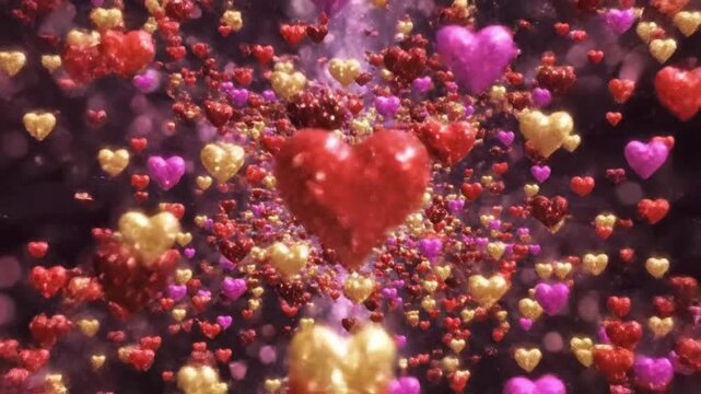 Colorful hearts explosion in vibrant abstract design