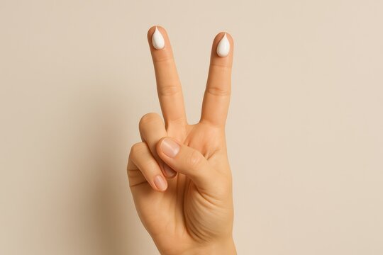 Victory Sign with Cream: A hand, fingers raised in a 'victory' gesture, tips adorned with a dollop of cream, embodying peace and a touch of sweetness. 