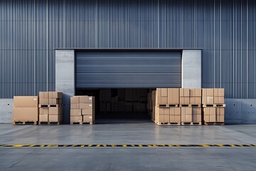 Warehouse loading dock with stacked cardboard boxes on pallets