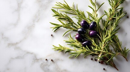 Fresh green rosemary branches showcasing glossy black olives, complemented by scattered black peppercorns and sea salt, all arranged on a elegant white marble surface