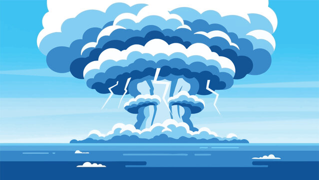 A dramatic illustration depicts a large blue mushroom cloud rising above the ocean horizon