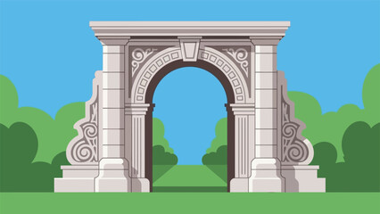 Fototapeta premium An ornate stone archway stands prominently against a bright blue sky and lush greenery