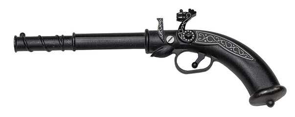 Black antique flintlock pistol with ornate details
