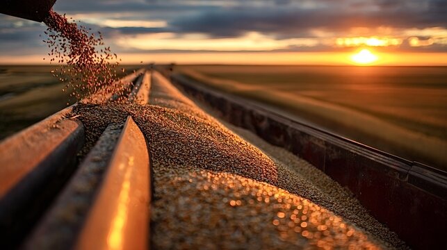 Grain chute pouring harvested seeds into a moving trailer, with the golden hour sunset illuminating the agricultural field and capturing the essence of farming and abundance