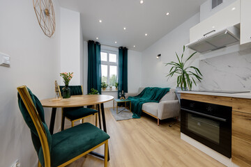 Salon w nowoczesnym apartamencie w zielonej tonacji kolorystycznej © arteffect.pl