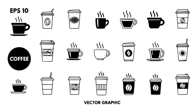Coffee cup icon set. Cups of coffee tea collection. Hot drink icon. Disposable cup. Cup coffe with steam. Flat style. Vector Illustration. Vector Graphic. EPS 10
