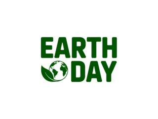 Earth day logo with green text and globe leaf on transparent background