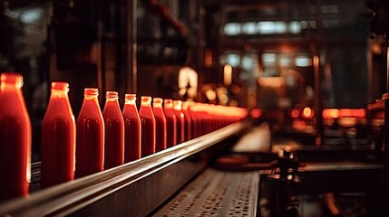 Ketchup bottles moving in a continuous line along a conveyor belt, illustrating automated food processing and mass production within a manufacturing plant